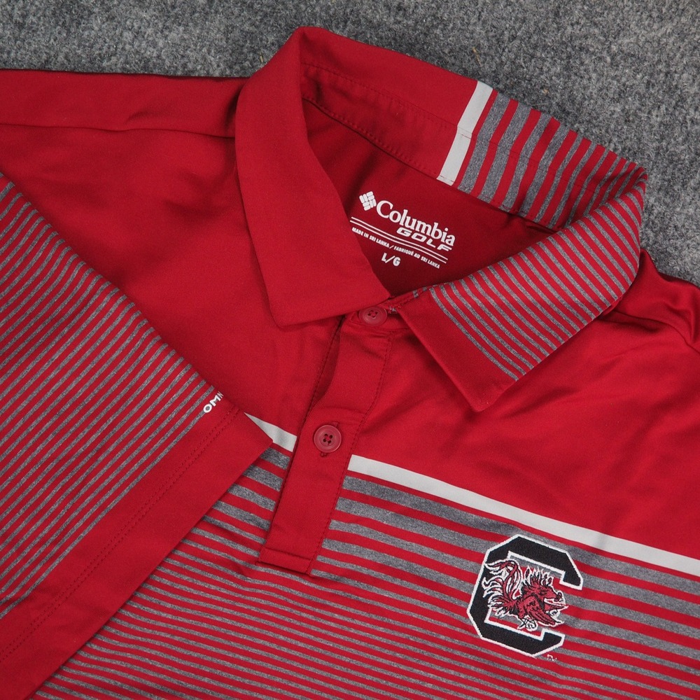 South Carolina Gamecocks Polo Mens Large Columbia Golf Red Gray Striped NCAA SEC
